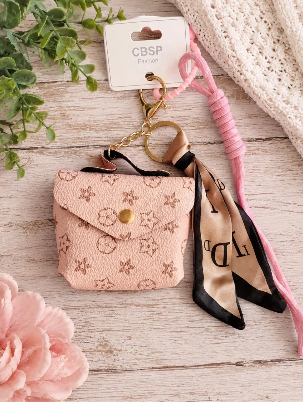 Pink Mini Faux Leather Keychain Pouch with Scarf Accent